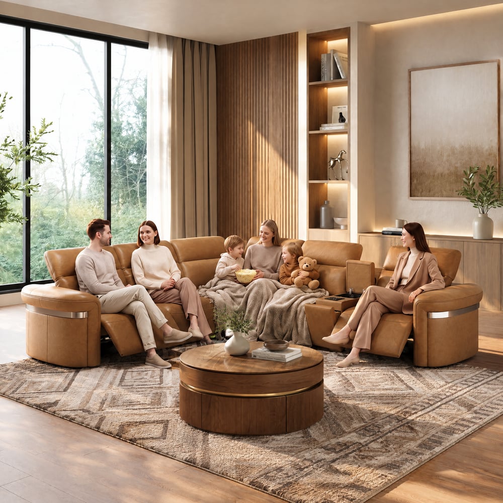 Genuine Leather Multifunction Media Console Power Reclining Sofa window image