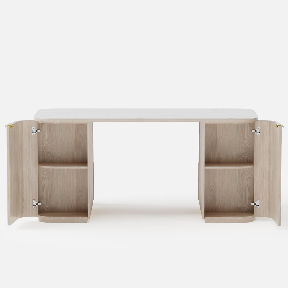 Modern Wash White Ash Wood & Sintered Stone Rectangle Desk with 6 Drawers (63.8") window image