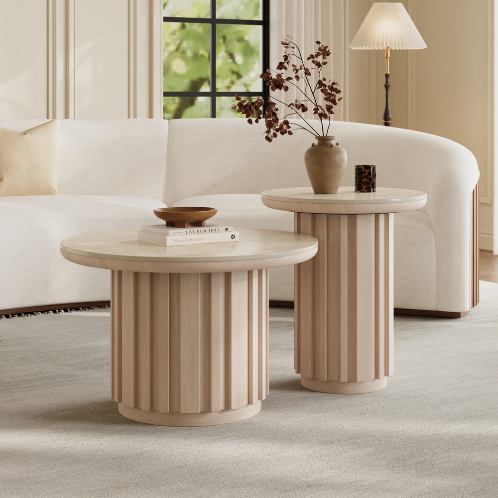 Aura 2 Piece Set Ash Wood Slatted  Round Coffee Table with Sintered Stone Top(20" - 28") window image