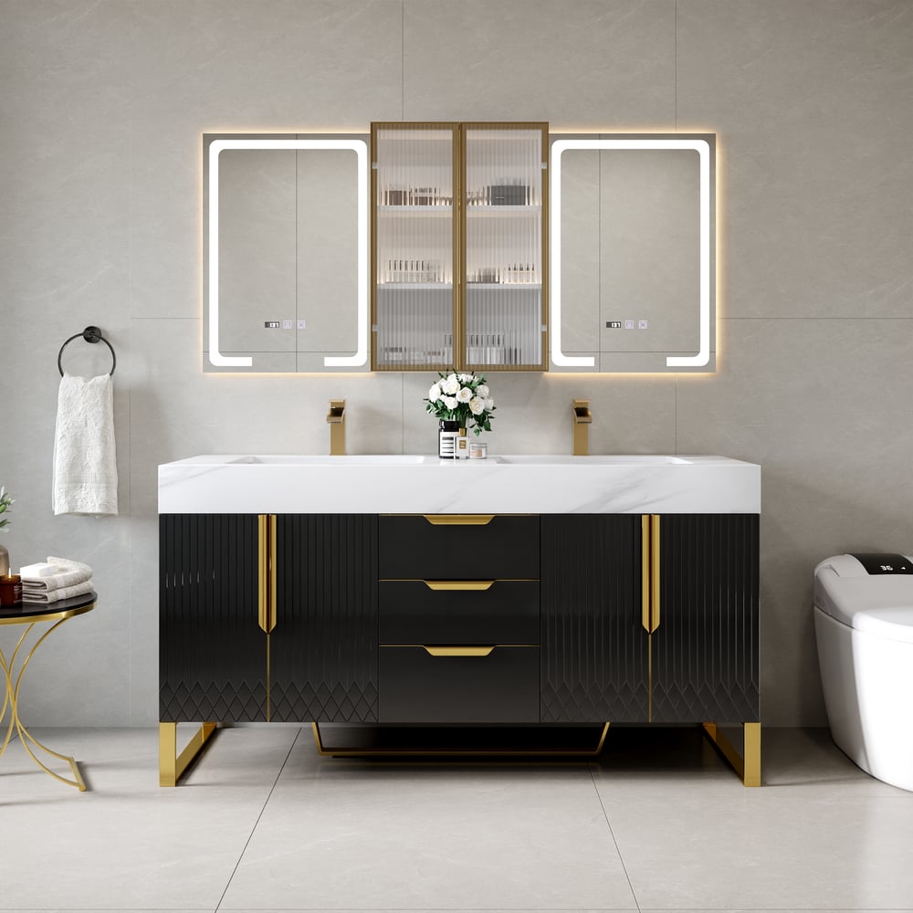 59" Double Sink Freestanding Vanity Set with LED Medicine Cabinet with Storage window image