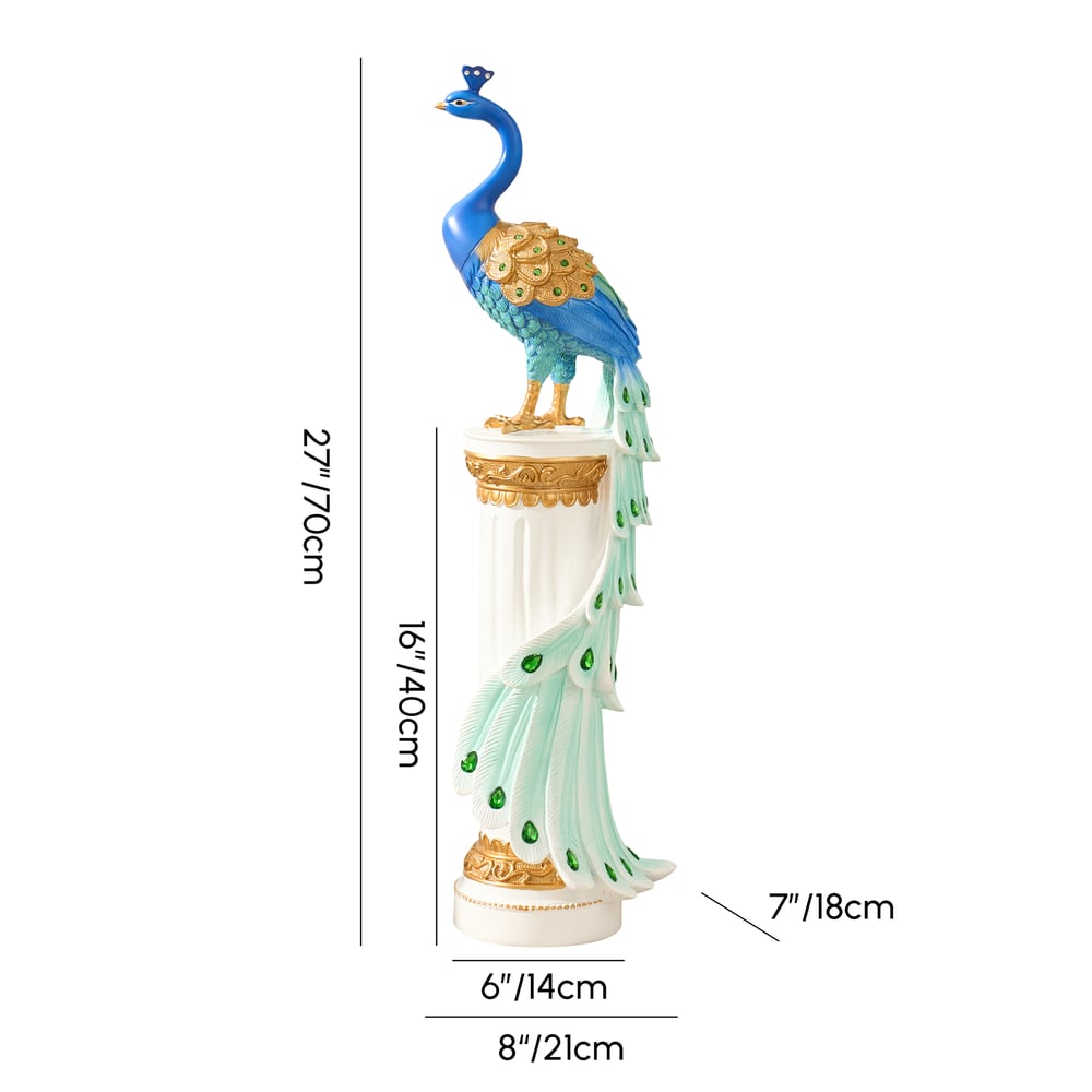 Estátua de Pavão de Resina de Luxo de 27" com Acentos de Cristal – Escultura Elegante para Decoração de Casa Imagem com pesos e dimensões