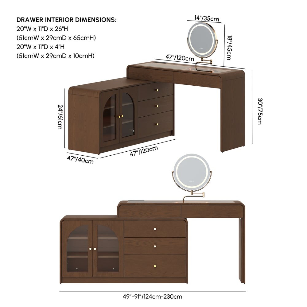 Mid Century Modern Extendable L-Shaped Makeup Vanity Dresser with LED Mirror(49"–91") weights dimensions image