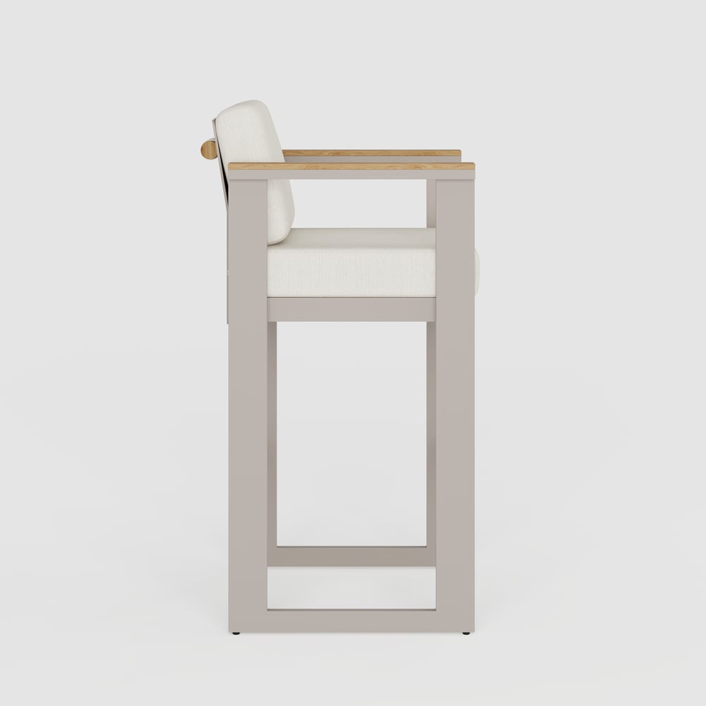 Tevara Outdoor Aluminum Frame & Teak Wood Armrest Bar Stools in Sand, Set of 2 window image