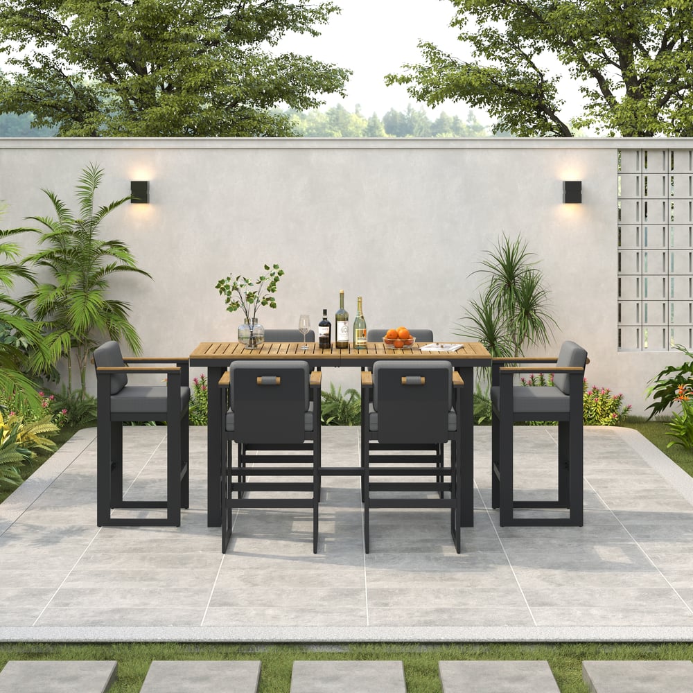 Axis 7-Piece Outdoor Teak Wood Modern Bar Dining Table Set with 6 Chairs window image
