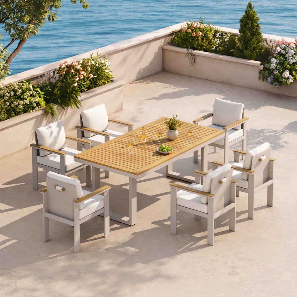 Table de salle à manger extensible d'extérieur Tevara en teck et aluminium image de fenêtre