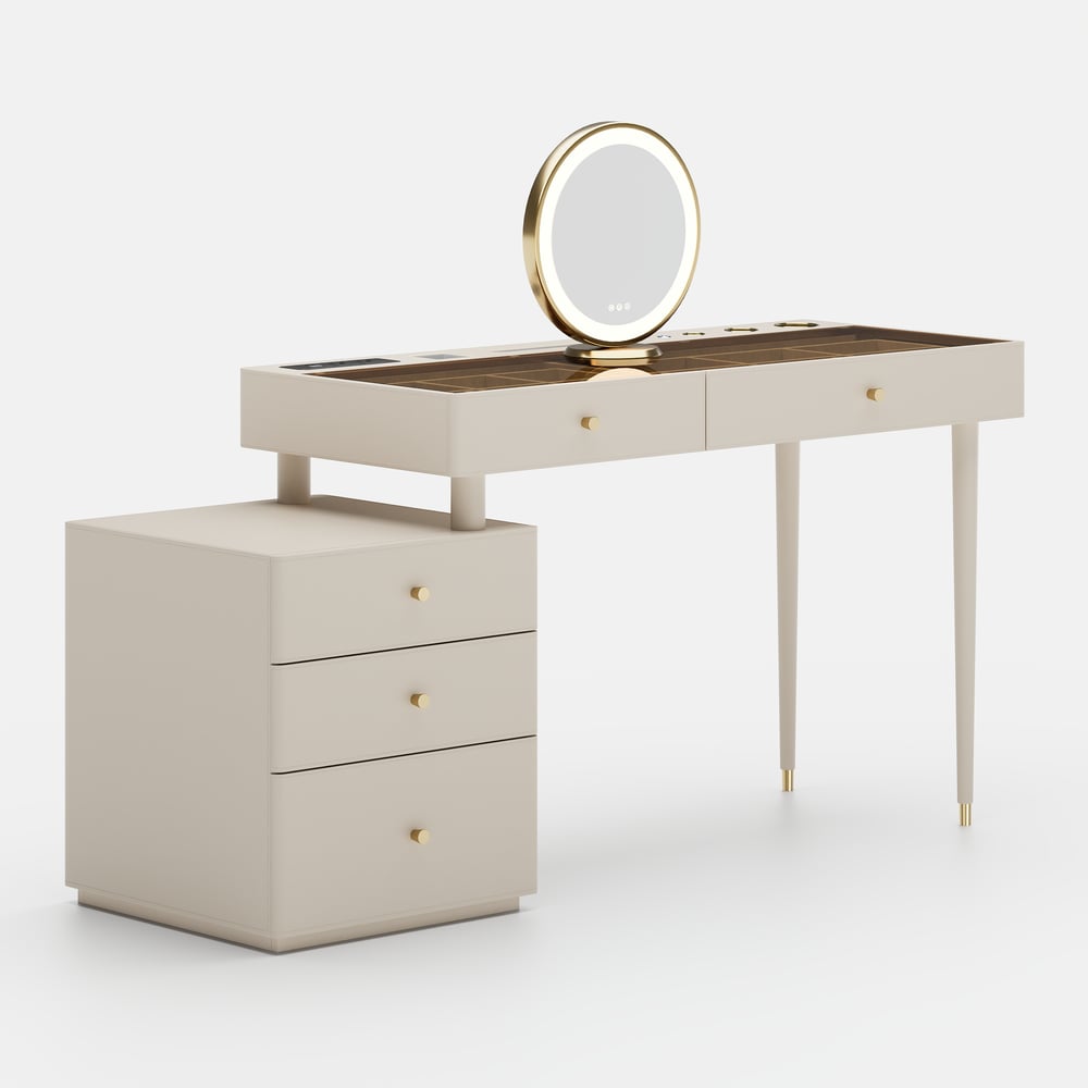 Selva Oatmeal Saddle Leather LED-Makeup Vanity Set with Charing Station and Mirror window image