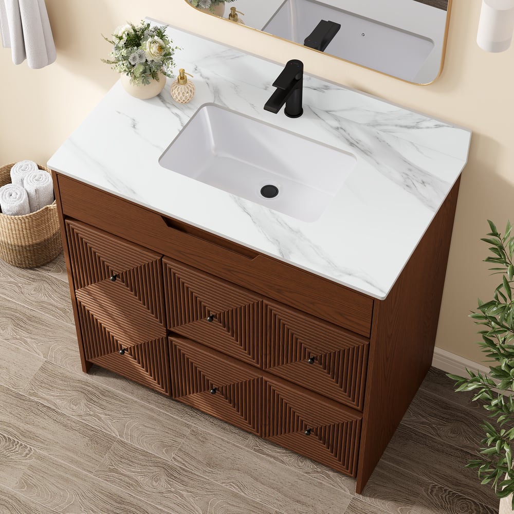 92cm Walnut Single Bathroom Vanity with Sink and Sintered Stone Top window image