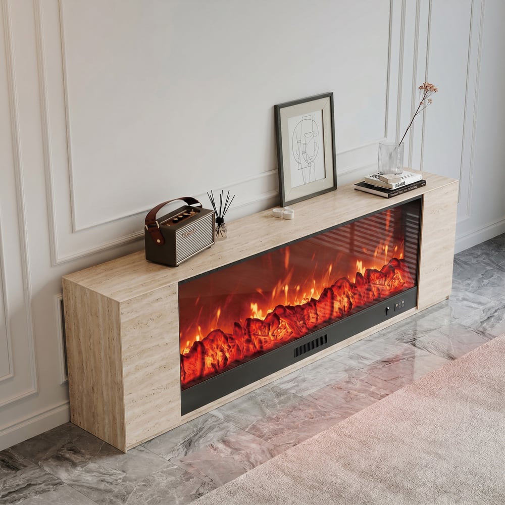 87" Sintered Stone Electric Fireplace TV Stand with Remote Control window image