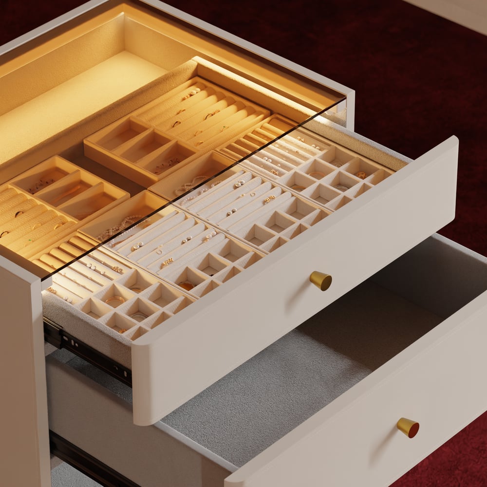 Îlot de dressing pour bijoux avec plateau en verre et éclairage image de fenêtre