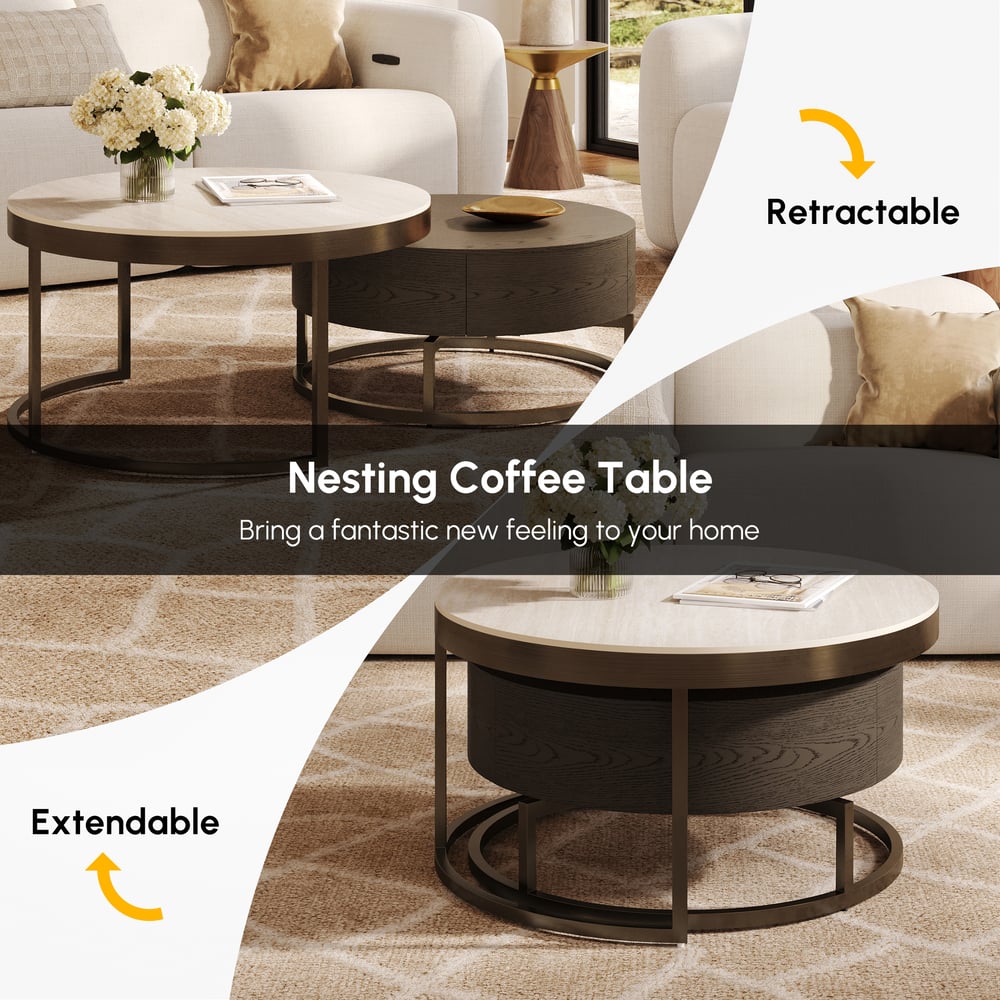 Ensemble de 2 tables basses gigognes rondes Nesnesis de 28" à 32" en noyer avec plateau en pierre frittée image de fenêtre