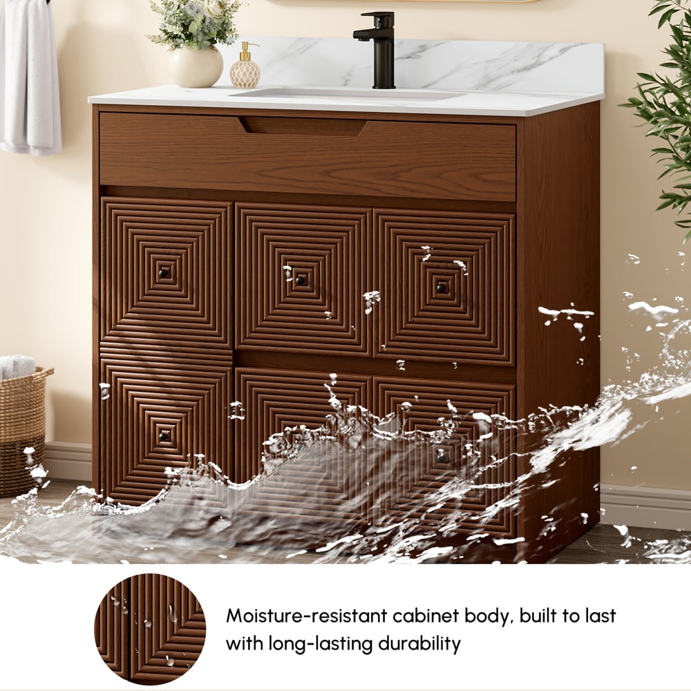 92cm Walnut Single Bathroom Vanity with Sink and Sintered Stone Top window image