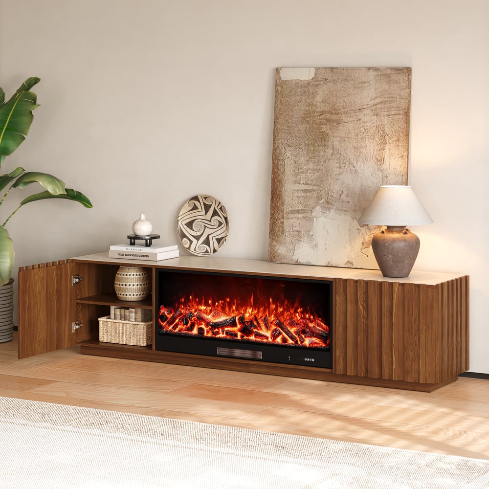 Aura 84" Sintered Stone Top Electric Fireplace TV Stand window image