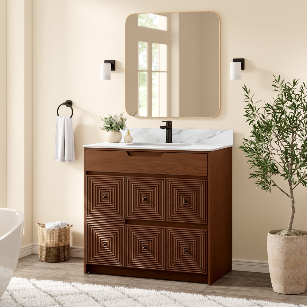 92cm Walnut Single Bathroom Vanity with Sink and Sintered Stone Top window image