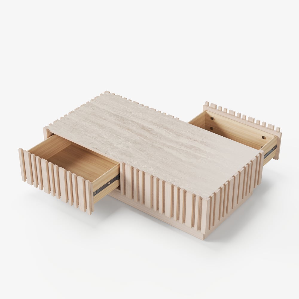 Aura 47" Ash Wood Slatted Coffee Table with Sintered Stone Top window image