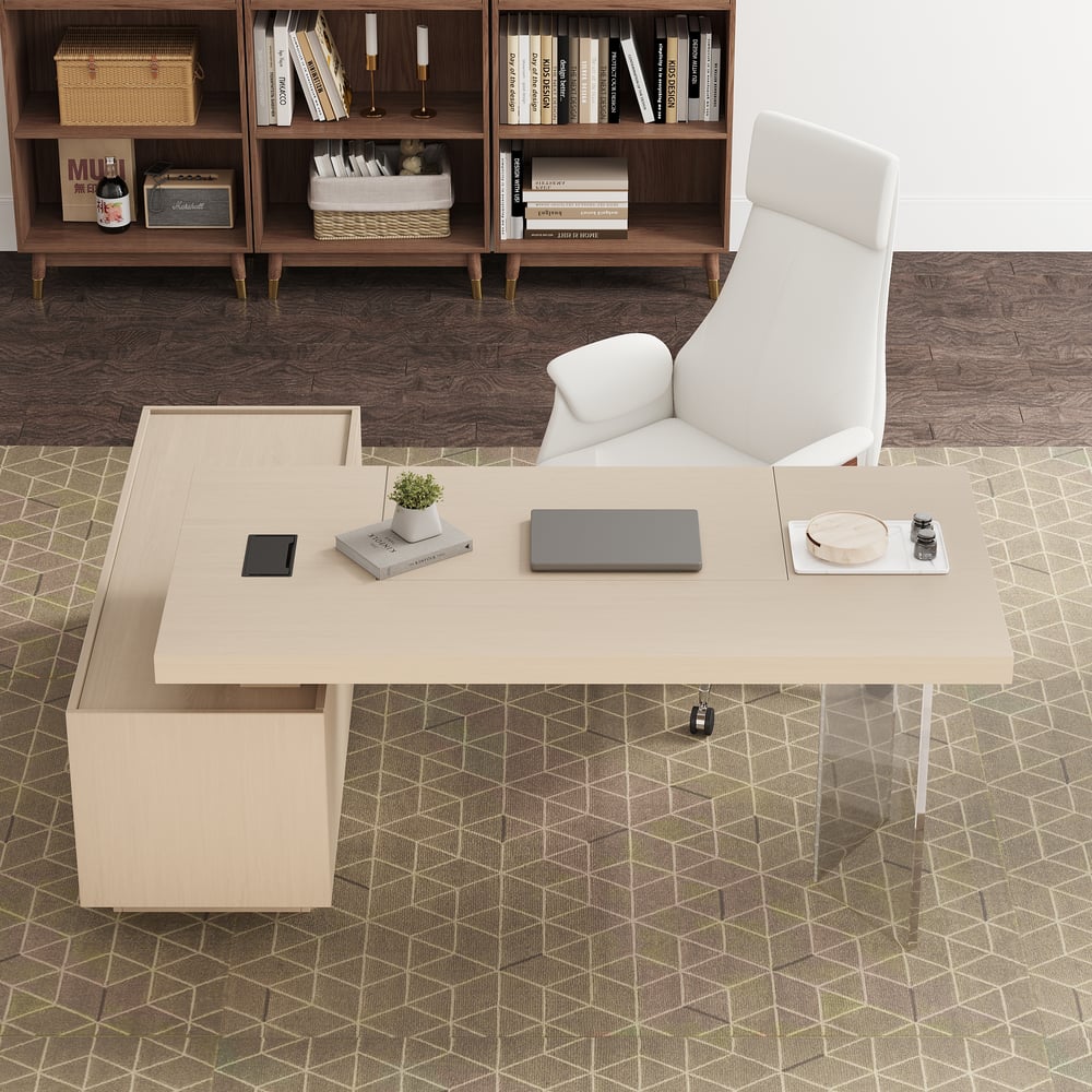 Modern 72" L-Shape Whitewash Standing Executive Desk with lifter Desktop Right Hand window image