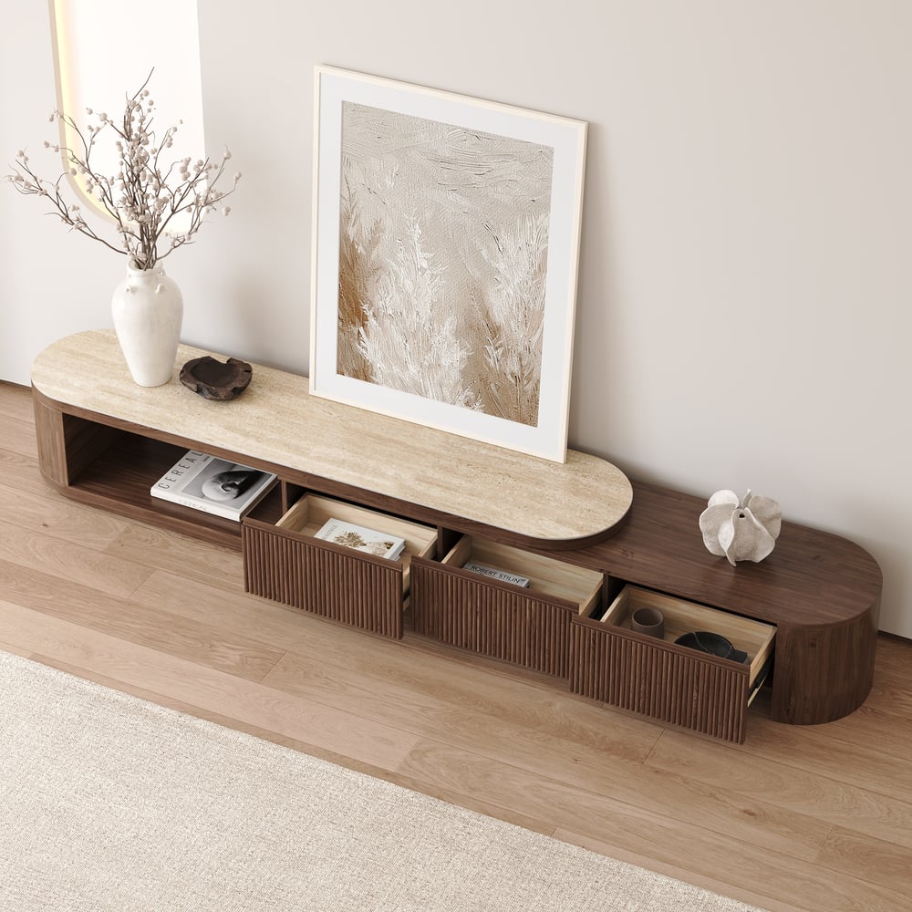 Rack de TV Extensível Velar 71"-114" com Tampo de Pedra Sinterizada e 3 Gavetas Imagem da janela