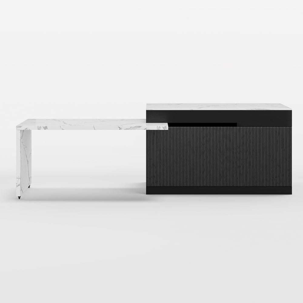 Isla de cocina de madera moderna extensible de 81''-112" con almacenamiento, blanco y negro Imagen de ventana