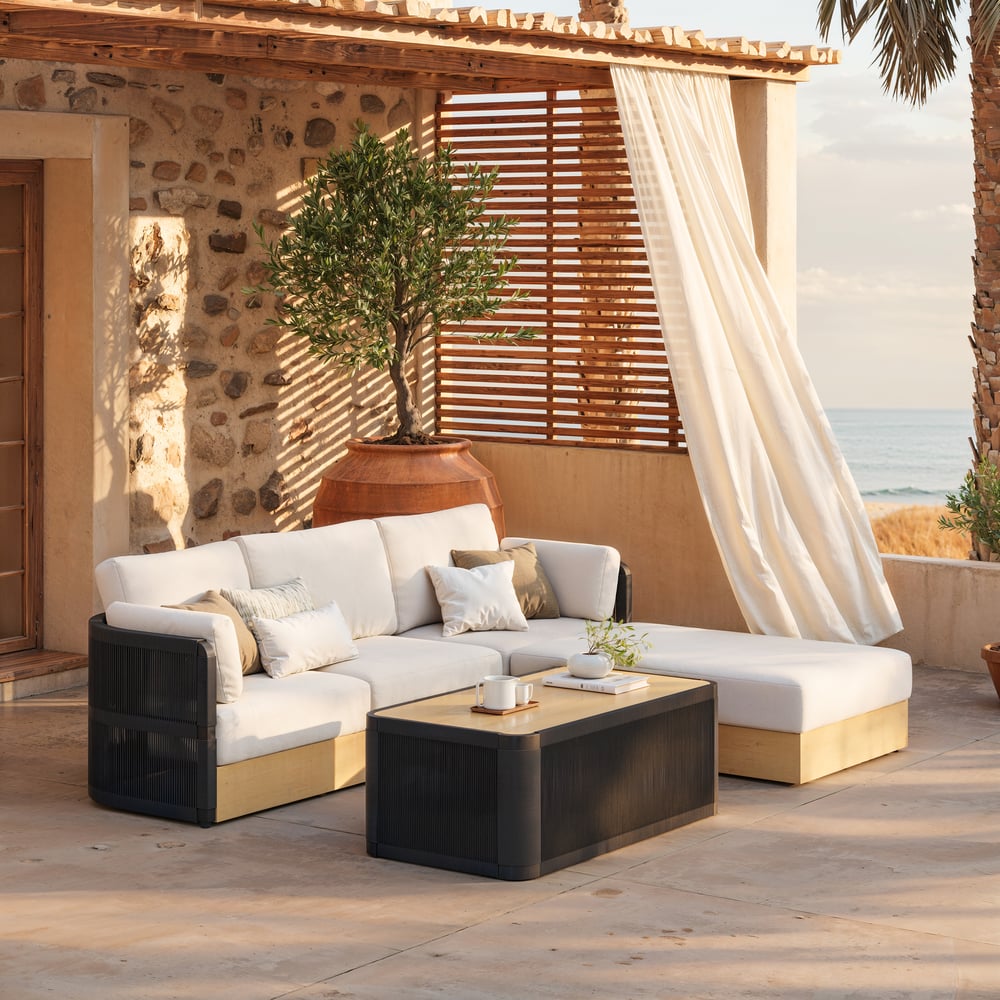 Costra Woven Outdoor Sectional Sofa Set with Adjustable Reclining Chaise and Coffee Table Black window image