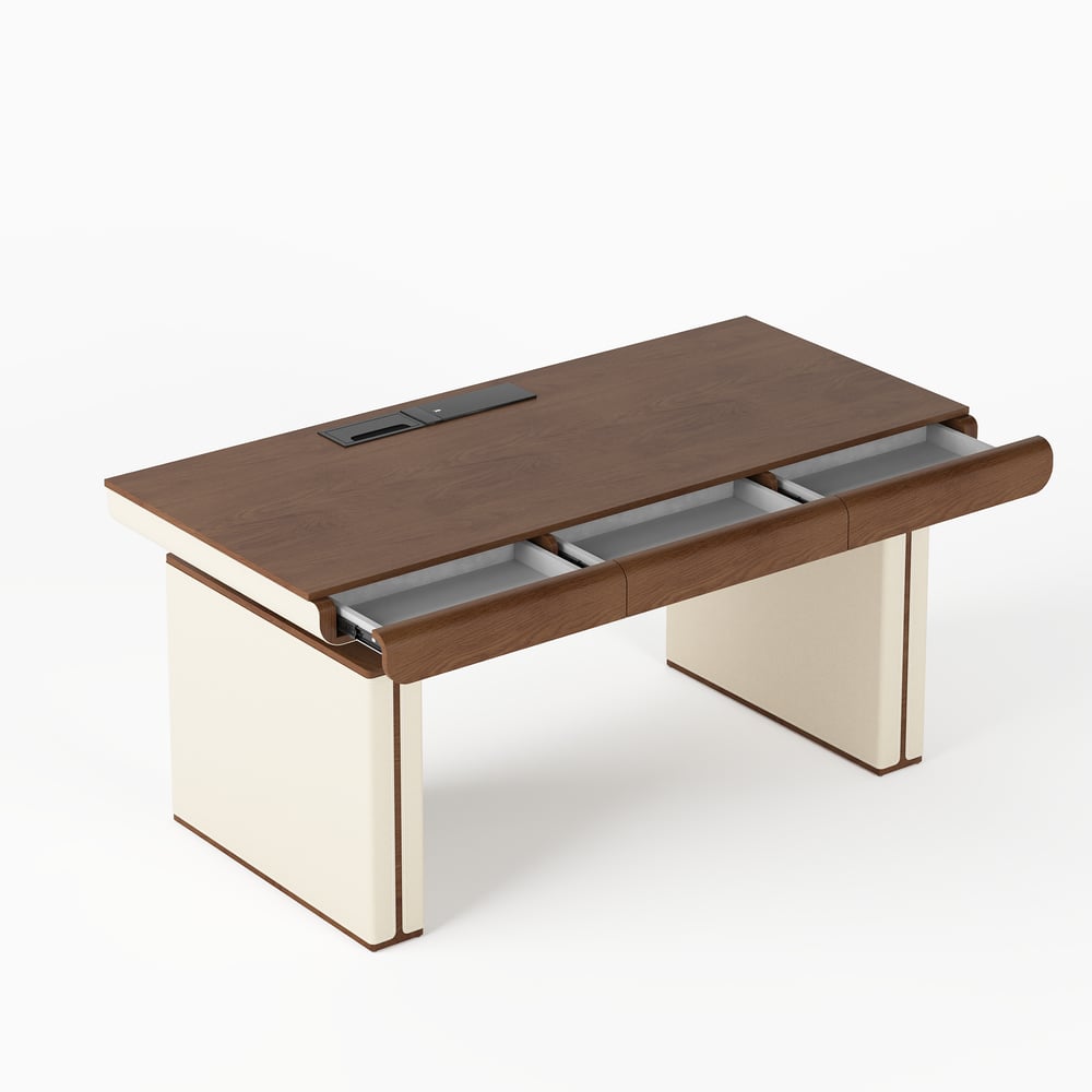 160 cm Height Adjustable Electric Standing Desk with Walnut Top and Leather-Wrapped Legs window image