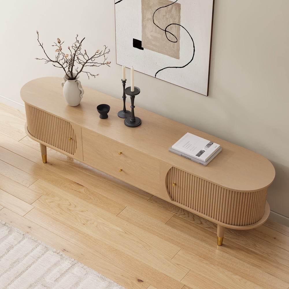 80" Ash Wood Fluted Natural TV Stand with Storage window image