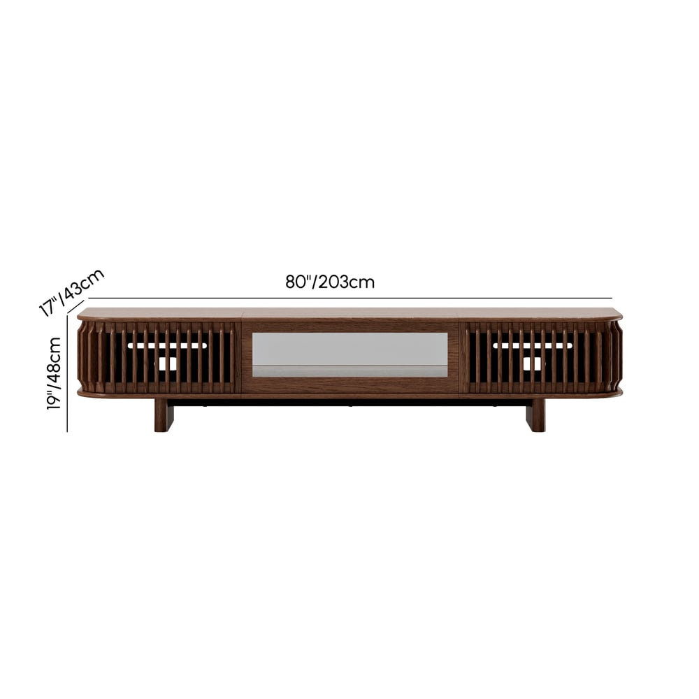 80" Ash Wood Fluted Walnut Projector TV Stand with LED weights dimensions image