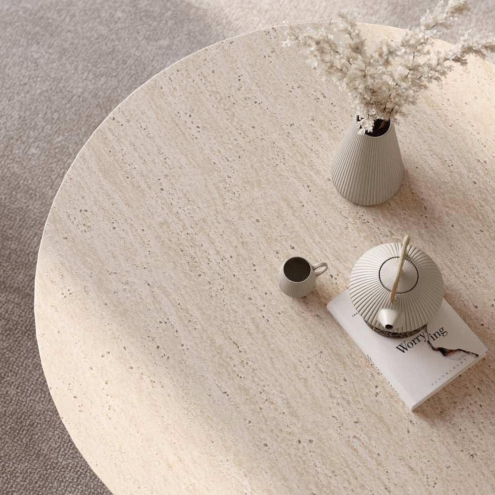 Table Basse Curva 76 cm Ronde en Béton Noyer avec Pieds en Bois image de fenêtre