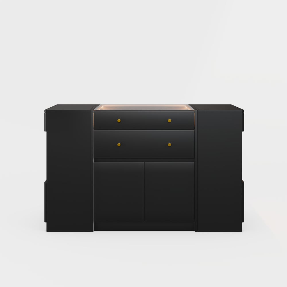 Selvo Saddle Leather Black Closet Island with Storage, Light and Jewelry Display window image