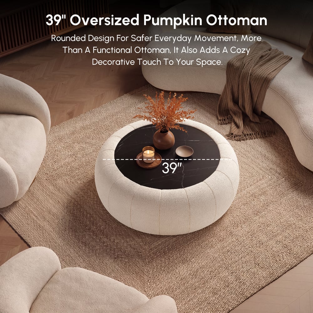 Modern 39" Round Performance Chenille Ottoman Coffee Table with Hidden Storage window image