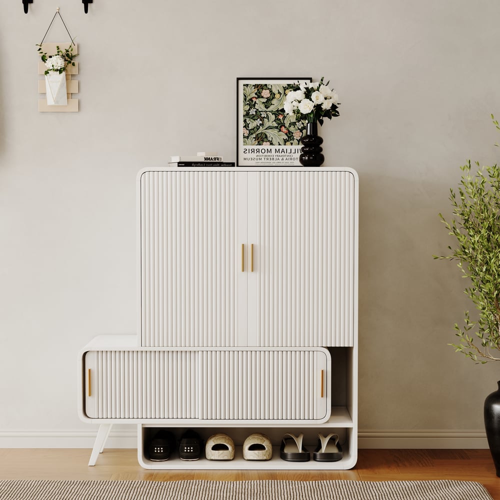 37" Warm White Shoe Storage Fluted Entryway Cabinet,Left Hand window image