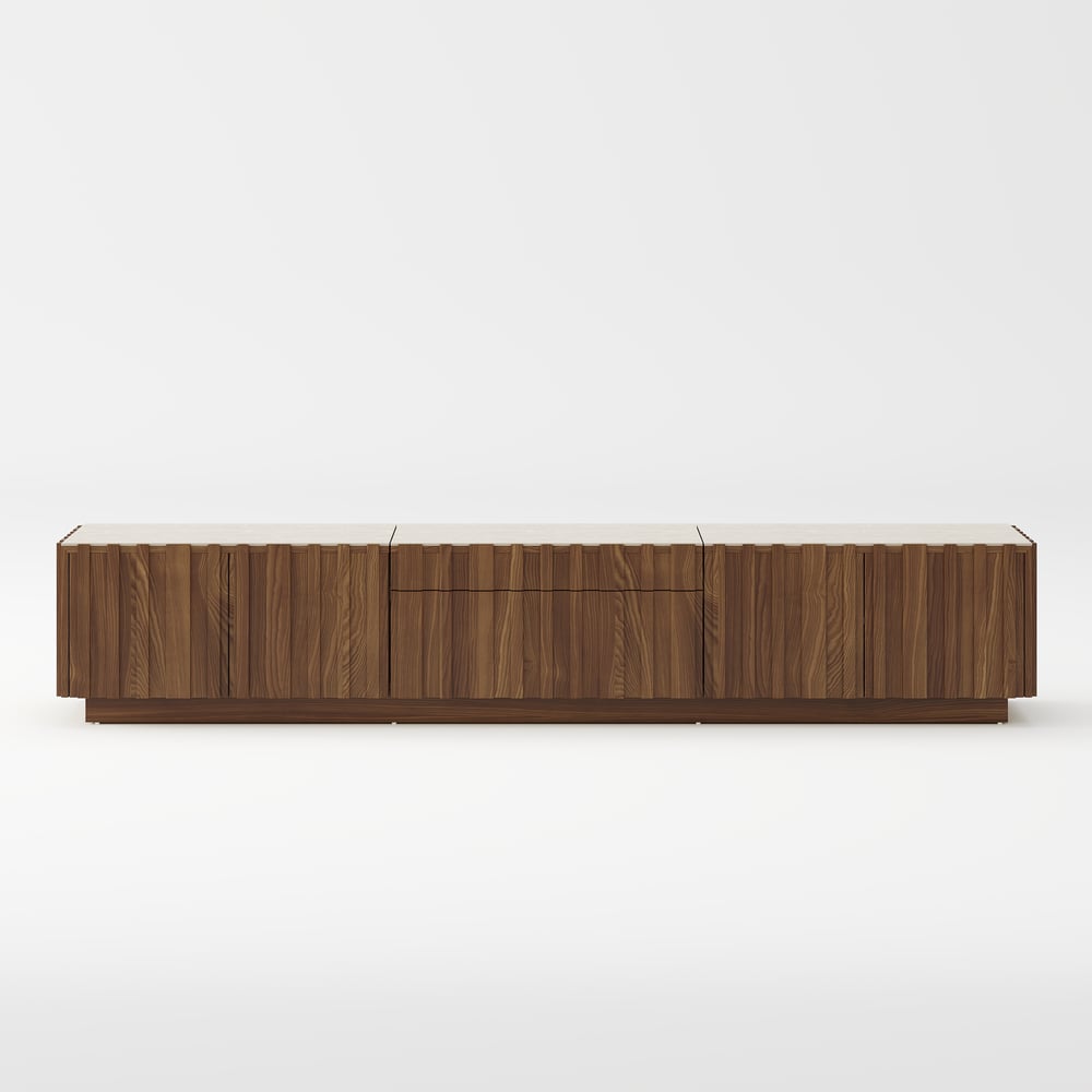 Aura 80" Ash Wood Fluted Walnut Projector TV Stand with Sintered Stone Top window image