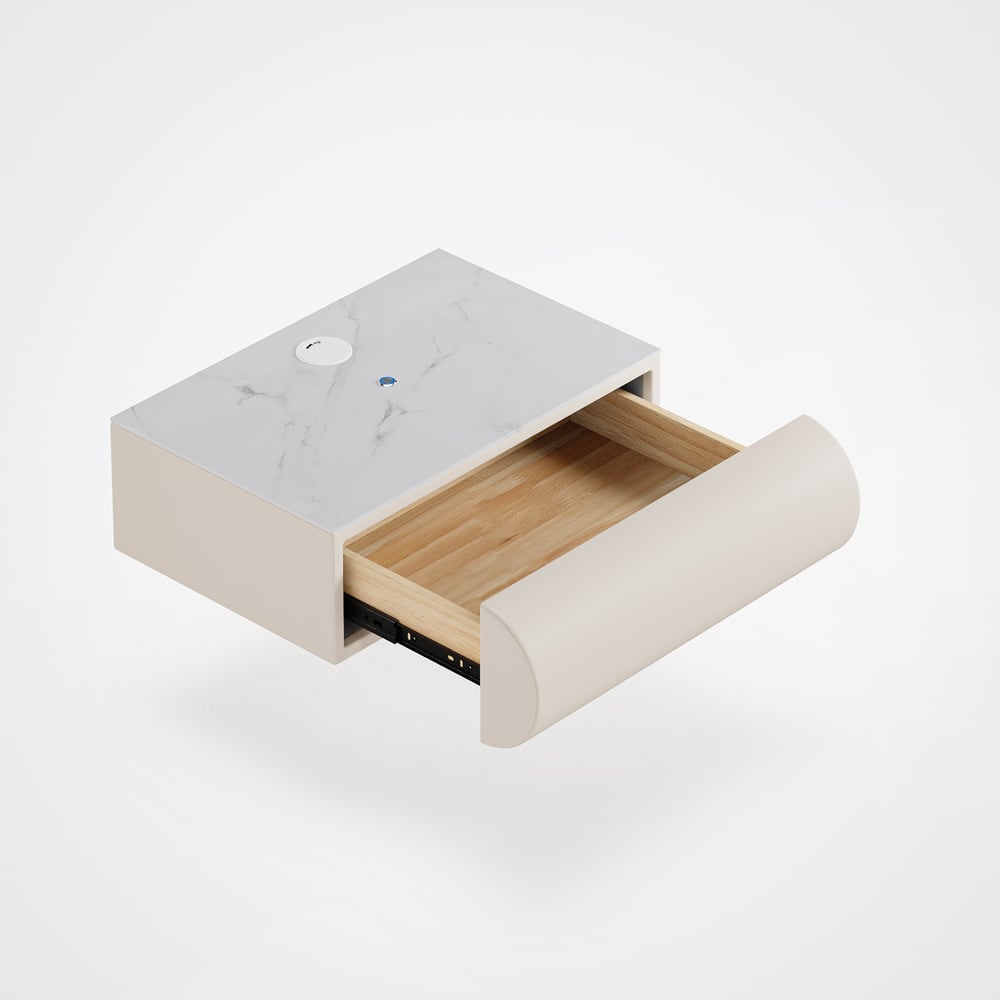 Table de chevet intelligente à LED 1 tiroir en cuir flottant Humply avec plateau en pierre frittée image de fenêtre