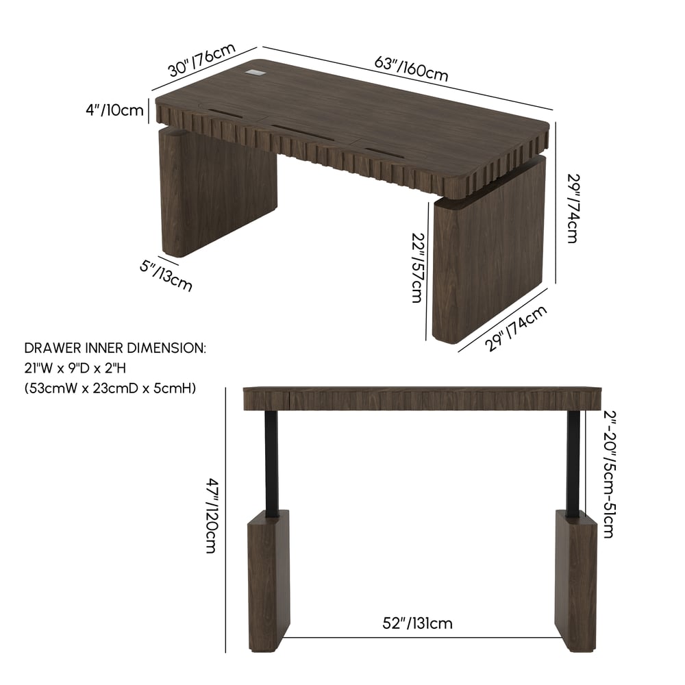 Aura 160 cm Smoked Brown Fluted Electric Adjustable Standing Desk weights dimensions image
