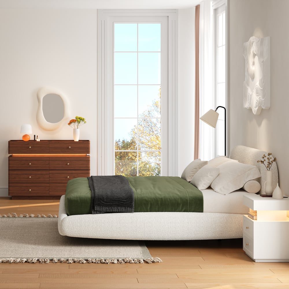 Modern 47" Tempered Glass Top 8-Drawer White Dresser with LED & Jewelry Trays window image