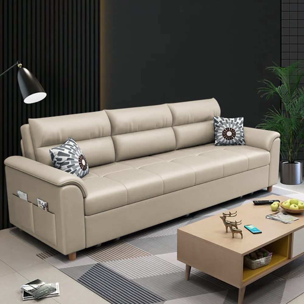 233cm King Faux Leather Pull-out Sleeper Sofa with Storage and Side Pockets window image