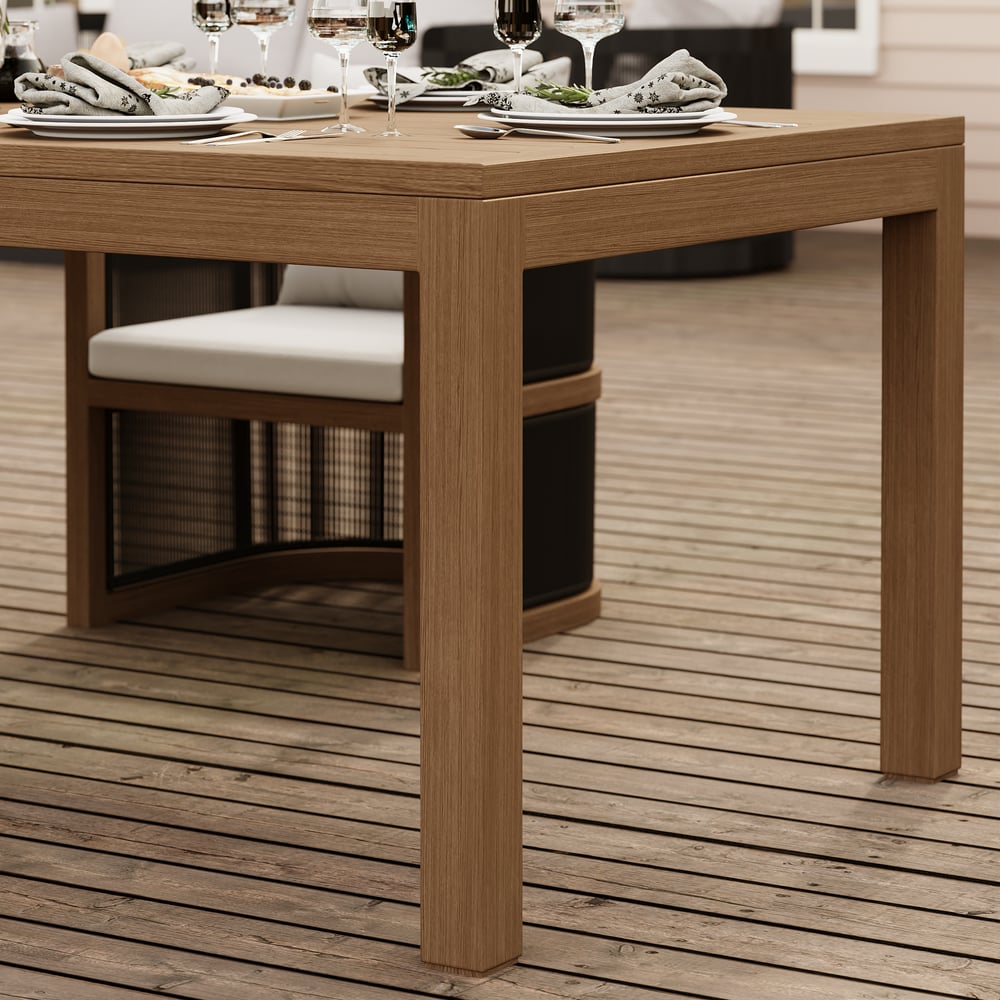 Table à manger d'extérieur à lattes en aluminium finition noyer Wevara 86.6" image de fenêtre