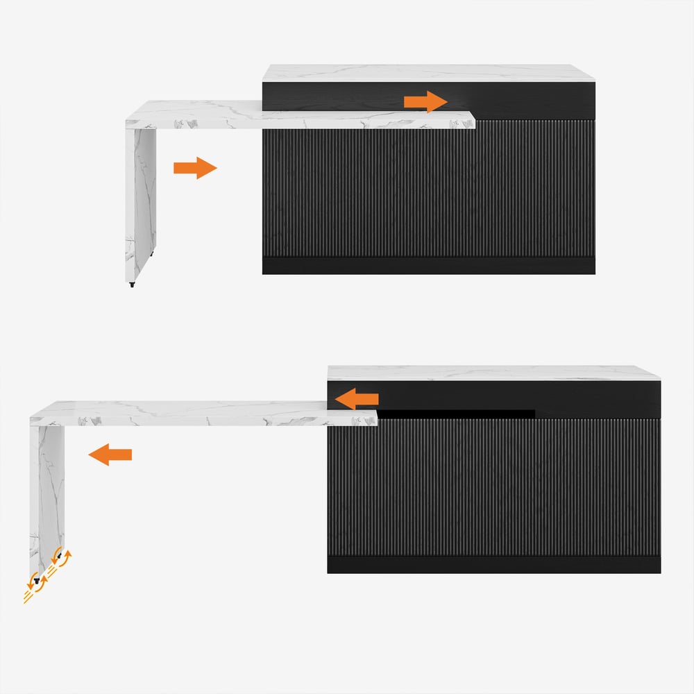 Isla de cocina de madera moderna extensible de 81''-112" con almacenamiento, blanco y negro Imagen de ventana