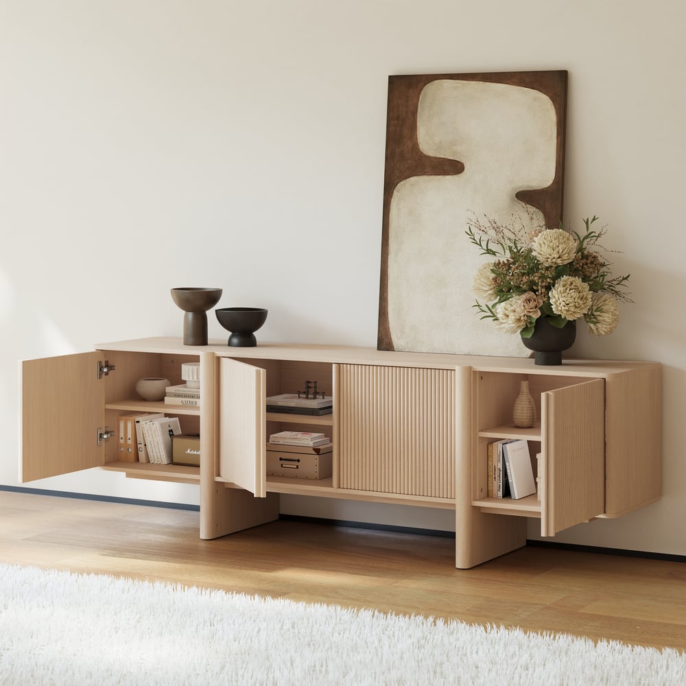 80" Solid Wood Fluted Whitewash TV Stand with Cabinets window image
