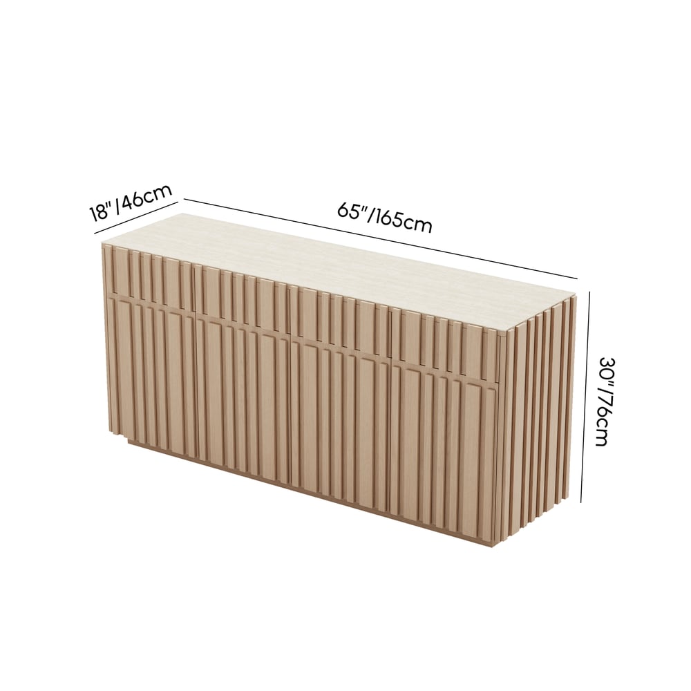 Aura 65" Ash Wood Slatted Natural TV Stand with Sintered Stone Top weights dimensions image