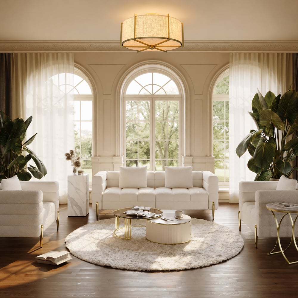18" Linen Flush Mount Light in Gold Finish, 3-Light window image
