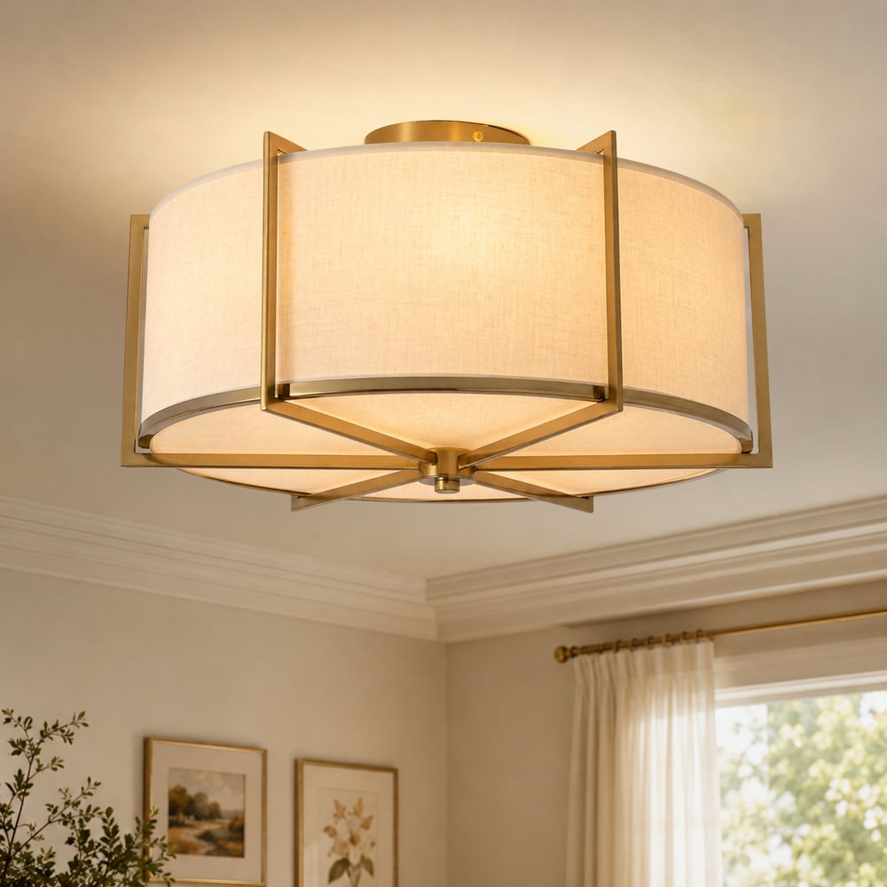 18" Fabric Flush Mount Light in Gold Finish, 3-Light window image
