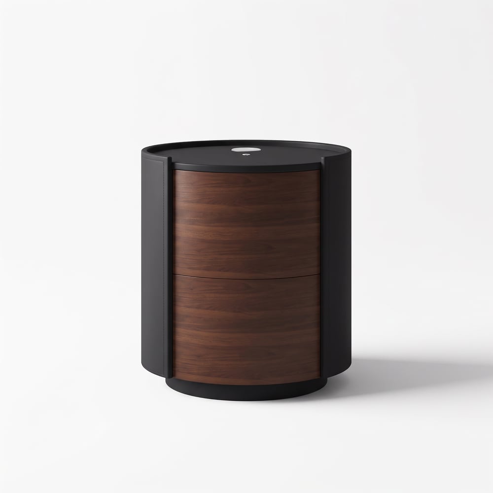 Modern Black Saddle Leather 2-Drawer Nightstand with Charging Station & Light window image