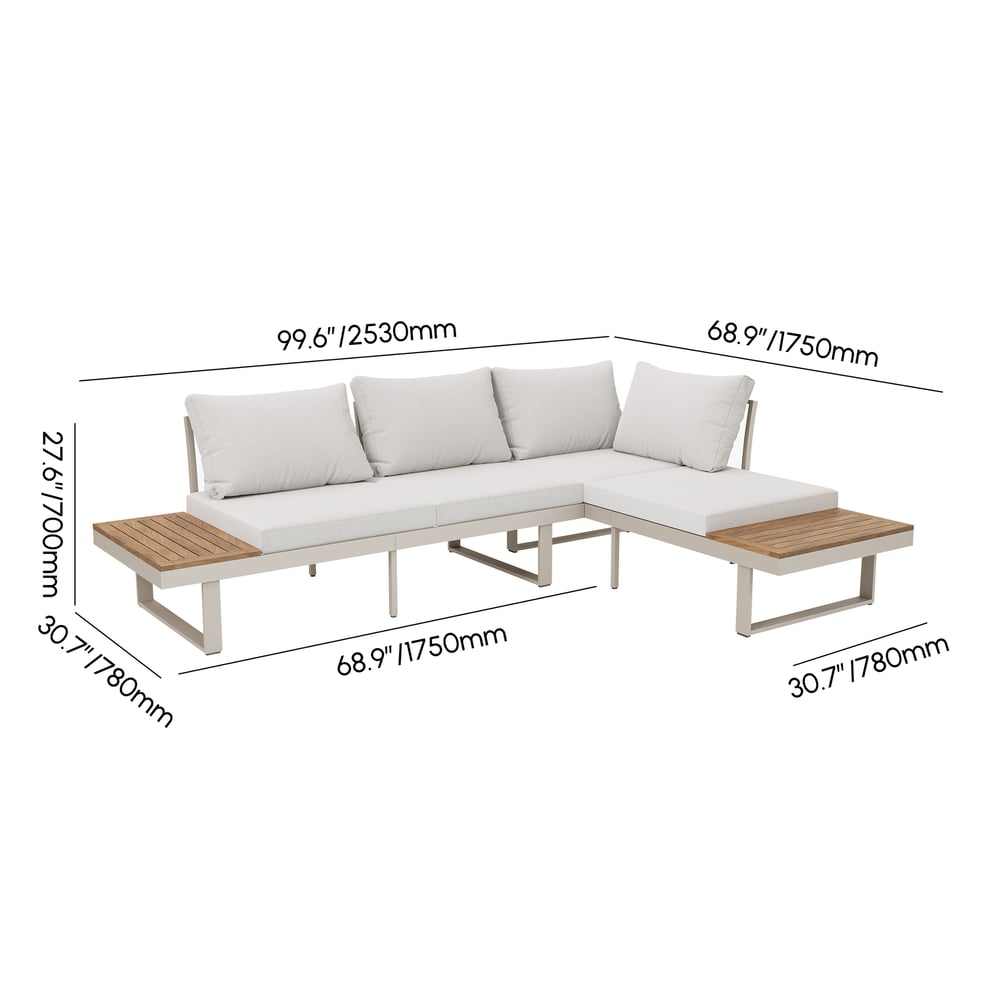 Slatera Outdoor Acacia & Aluminum Modular Sofa Set in Light Gray with Black Cover weights dimensions image