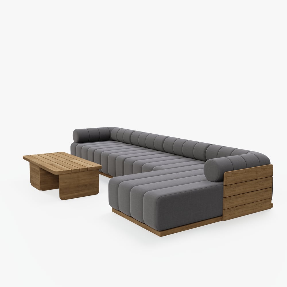 Ensemble de canapé modulaire d'extérieur 7 pièces Resaro en teck naturel avec dossier cannelé gris foncé image de fenêtre