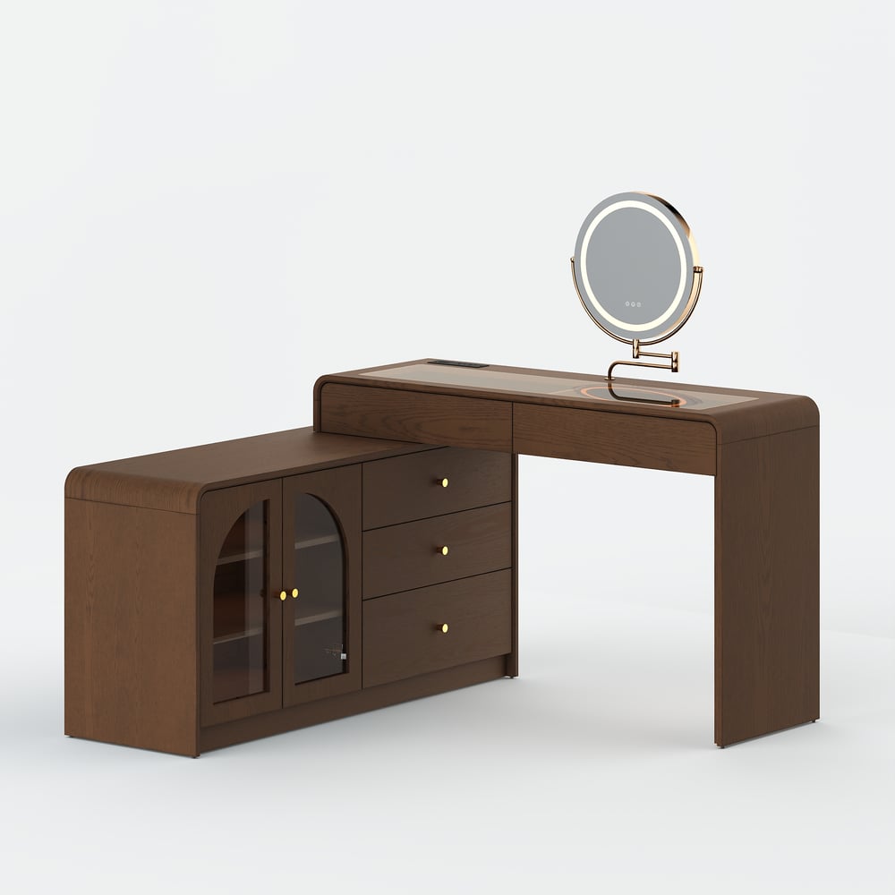 Mid Century Modern Extendable L-Shaped Makeup Vanity Dresser with LED Mirror(49"–91") window image