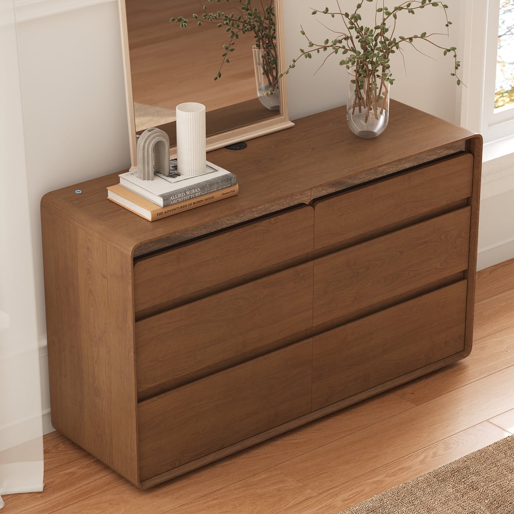 Meloa 47" Wooden Walnut 6-Drawer Dresser with Light and Charging Station window image