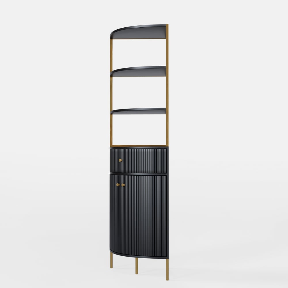 Modern 75" Black Corner Etagere Bookshelf with Drawer and 2-Door Cabinet window image
