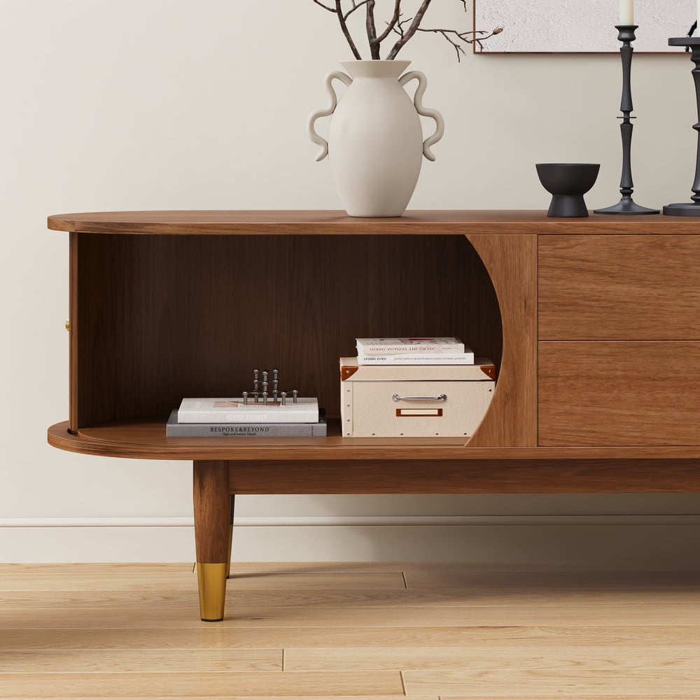80" Ash Wood Fluted Walnut TV Stand with Storage window image