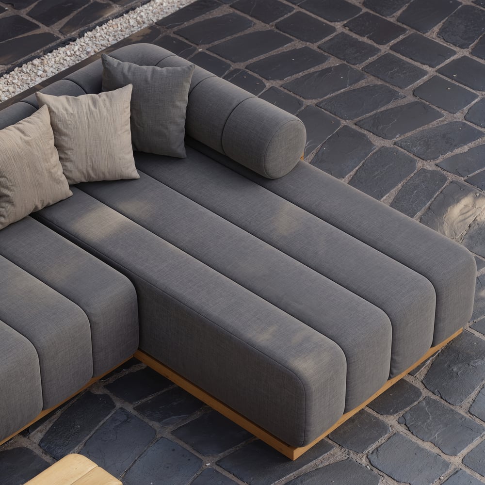 Resaro 4-delige modulaire buitenbankset van teakhout voor 5 personen in grijs Vensterafbeelding