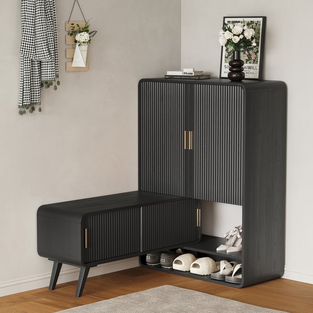 Meuble d'entrée cannelé en placage de bois de frêne de 37 pouces avec rangement pour chaussures, main gauche image de fenêtre