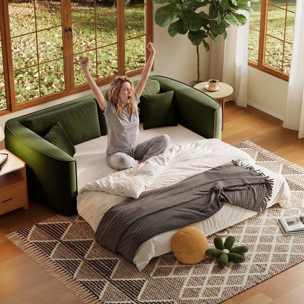 80" Queen 3-Seater Chenille Fold-Down Sleeper Sofa with Removable Cover window image